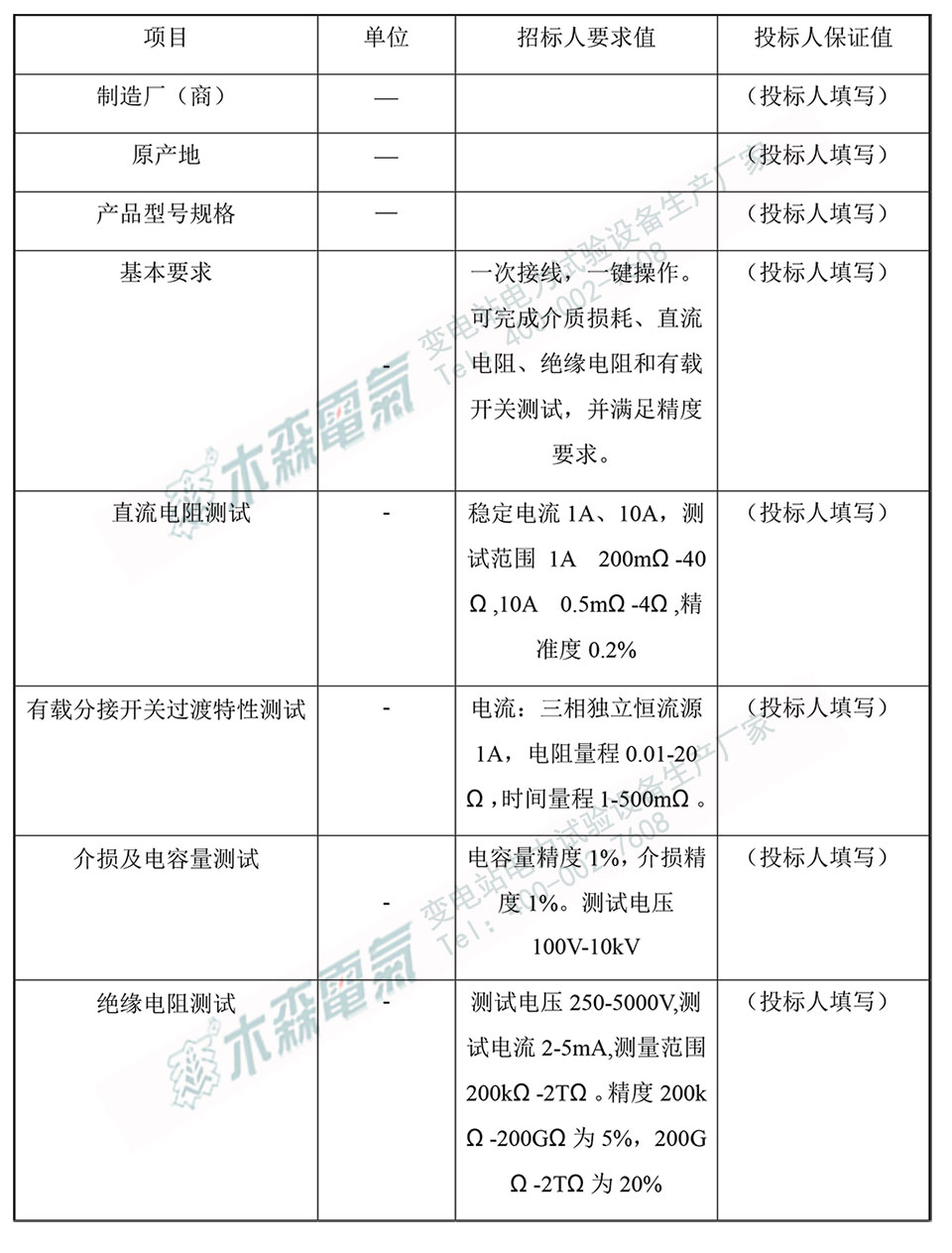 電力變壓器自動(dòng)檢測規(guī)范書響應(yīng)表技術(shù)